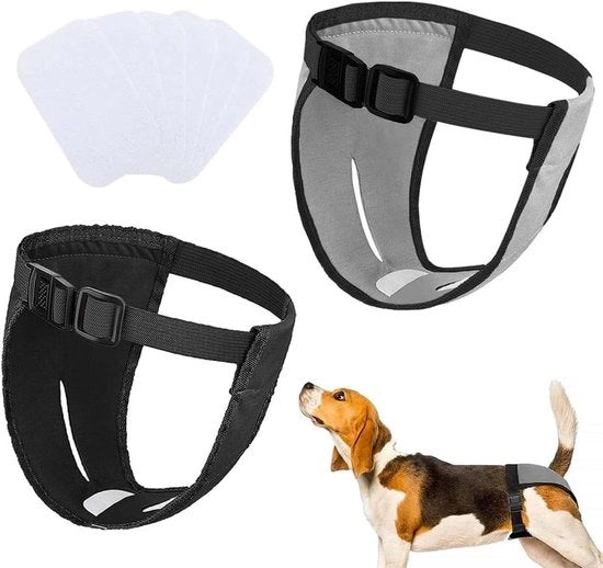 Luiere per cani in set da 2 con pantaloni regolabili e 6 assorbenti intercostali igienici per femmine in fase di calore.