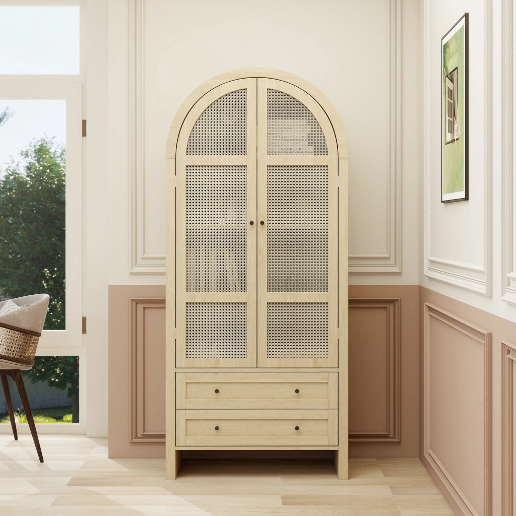 Armadio Multiuso Boho con Ante in Rattan e Cassetti ¨C MINIMAL ¨C Naturale, 79x39.5x178 cm