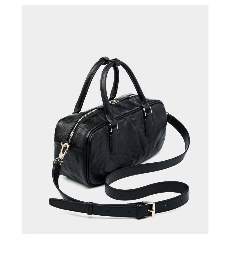 Borsa da bowling Boston in vera pelle da donna, nera