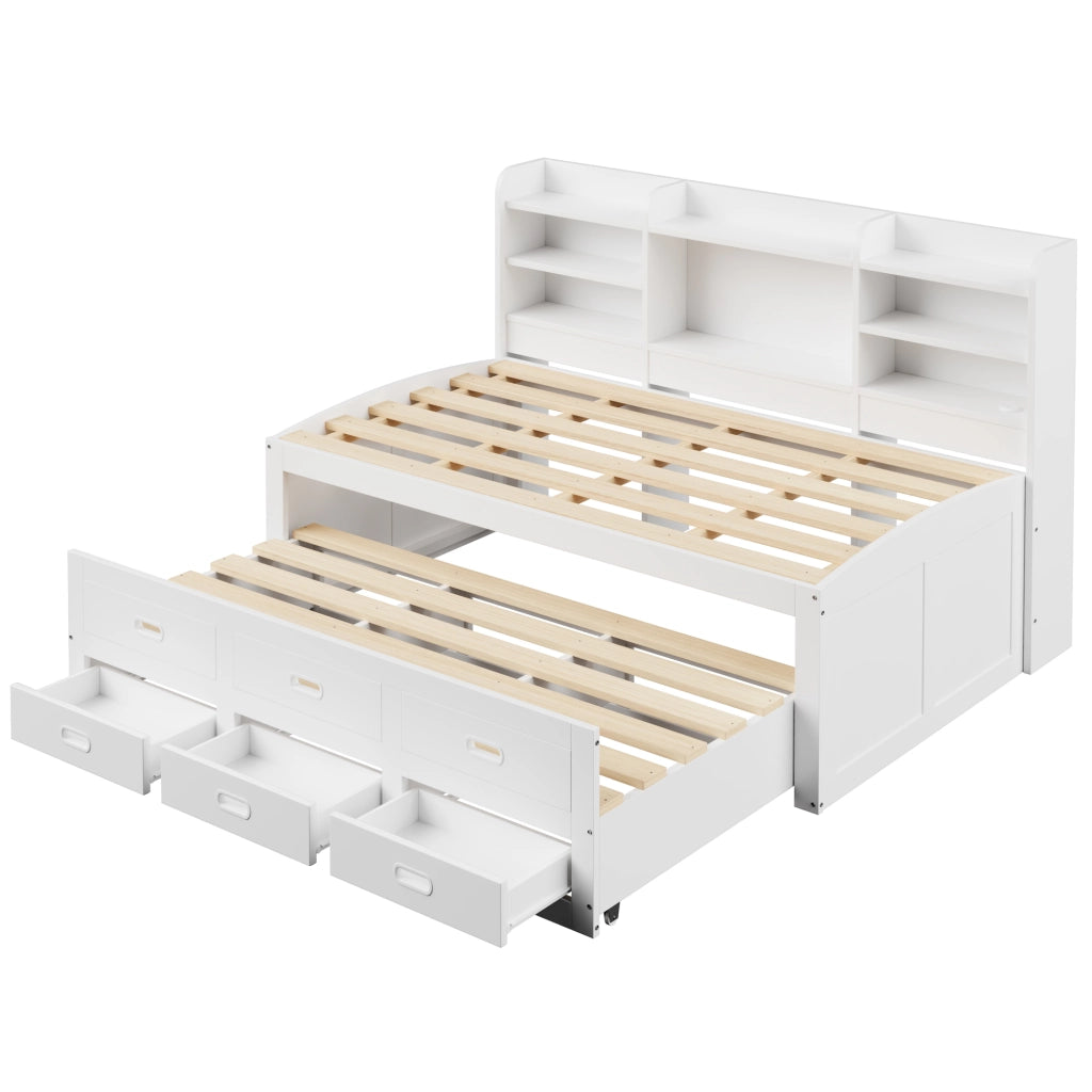 Letto Estraibile Letto Singolo 90x200 cm; 3 Cassetti; LED; USB e Type-C; Bianco