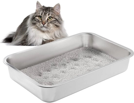 Cassetta per gatti e conigli in acciaio inossidabile, 60x40x10cm, con trattamento antismog, rivestimento antistick, facile da pulire, non curva, inossidabile, bordi alti, piedini in gomma antiscivolo argentati.