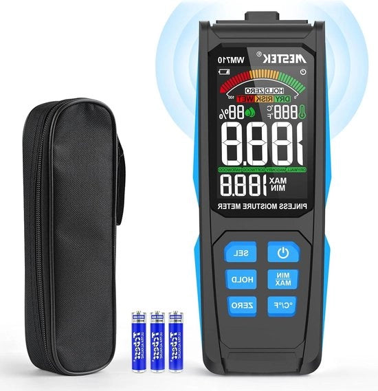 Misuratore di Umidità per Legno e Temperatura Ambientale - Schermo LCD - Allarme Udibile - Digitale - Strumento di Misura per Parete e Pavimento - Materiali da Costruzione - Placca di Gesso - Batteria AAA