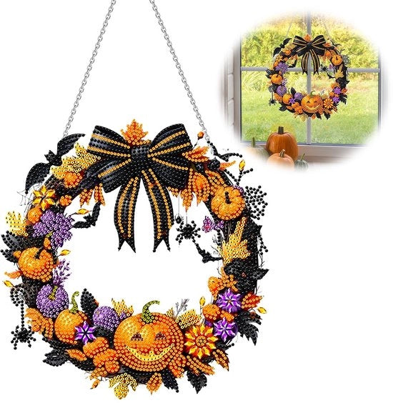 Decorazione per Porta in Stile Halloween - Pannello di Pittura con Diamanti - Acrilico e Catene - 16 x 16 x 3 cm - Opera d'Arte Unica - Decorazione per Porta