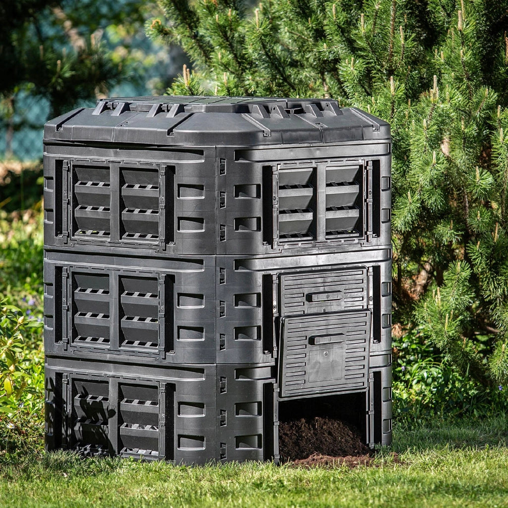 Compostiera modulare da giardino KADAX 860L resistente al gelo, utilizzabile tutto l'anno, colore nero.
