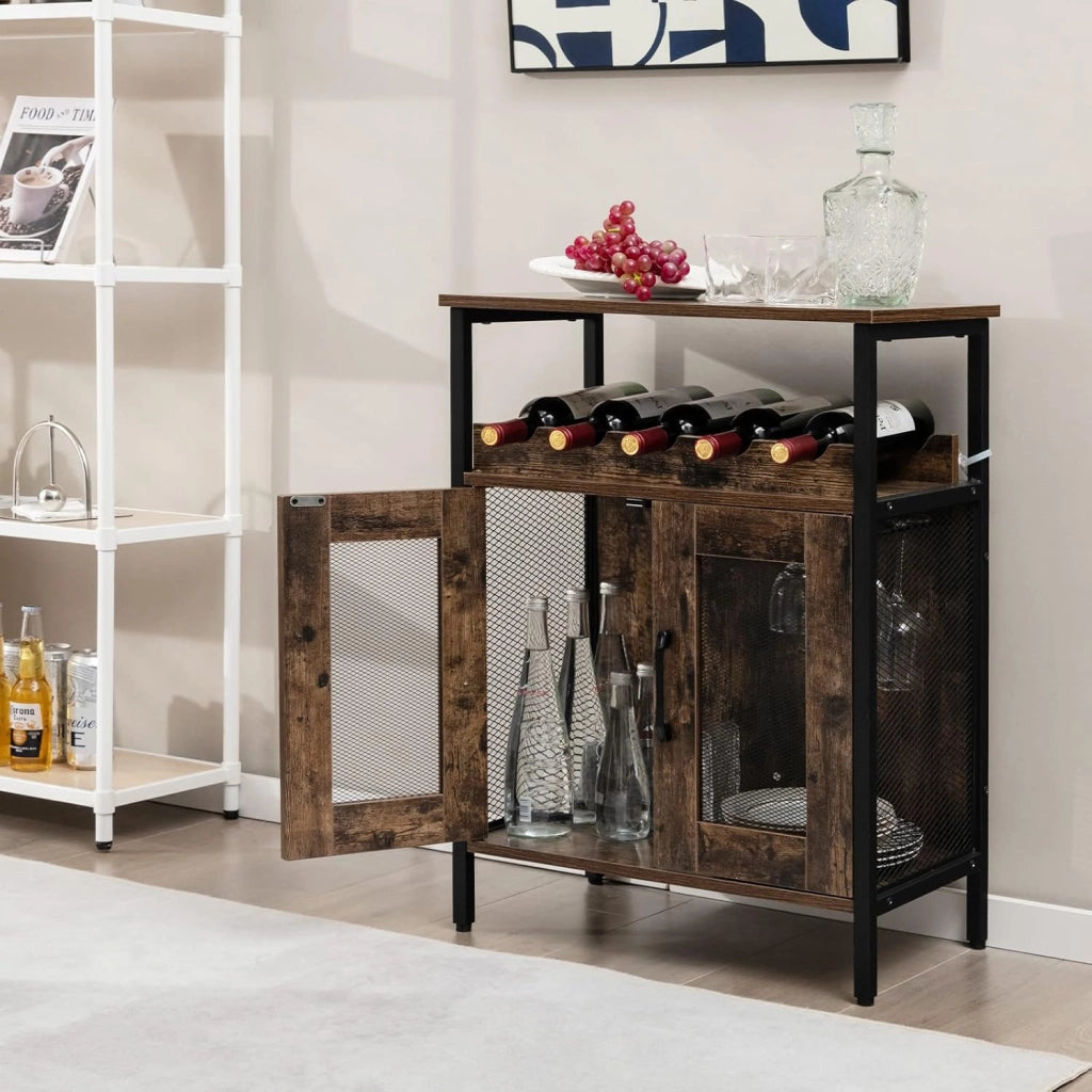 Cantinetta Porta Bottiglie da Vino, Credenza Industriale con 5 Portabottiglie Rimovibili, con Porta in Metallo a Rete Metallica, 60x34x79cm (Marrone)