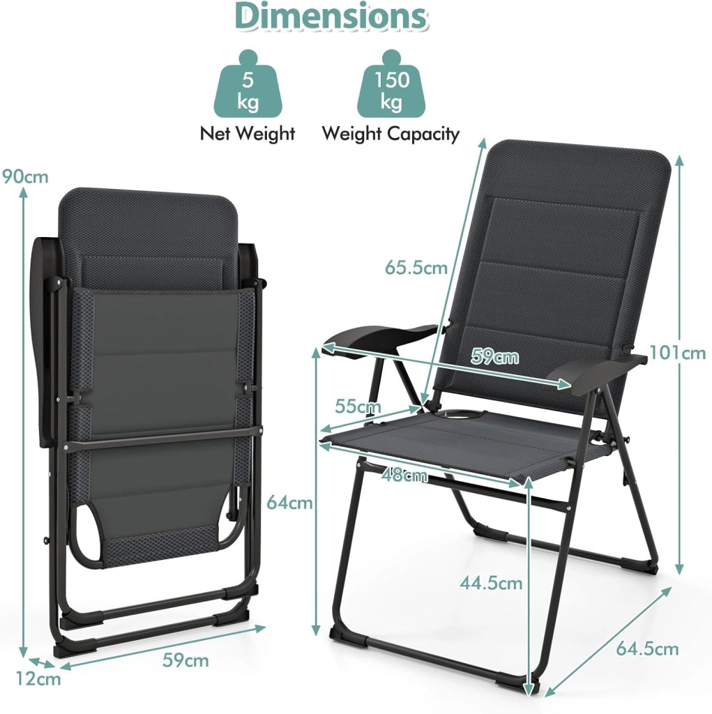 Set di 2 sedie da giardino pieghevoli con schienale regolabile, sedia da esterno, carico di 150 kg, per terrazza, balcone, spiaggia, feste, 52,5 x 71 x 101 cm (grigio)