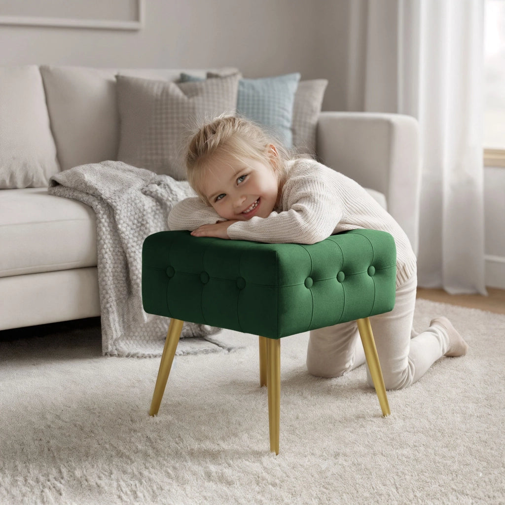 Pouf sgabello in velluto trapuntato 40 cm QUADRA Verde Bottiglia