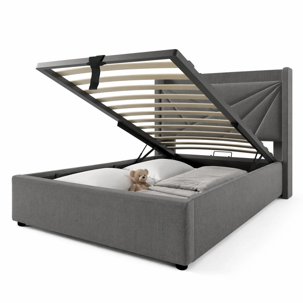 Letto singolo con contenitore 90x200 cm in cotone e lino grigio; con USB e USB-C