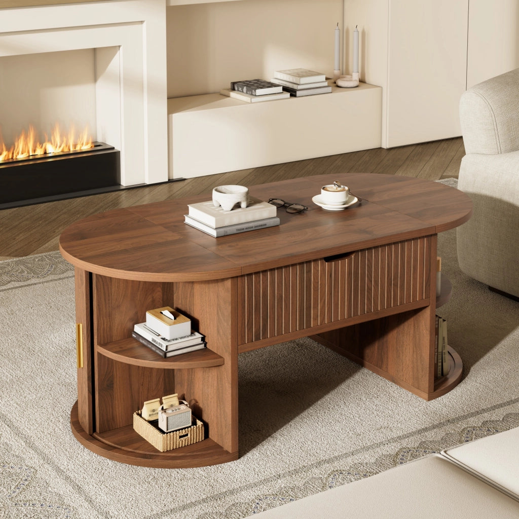 Tavolino da Salotto Regolabile in Altezza Ovale Moderno in MDF Noce 100x50 cm