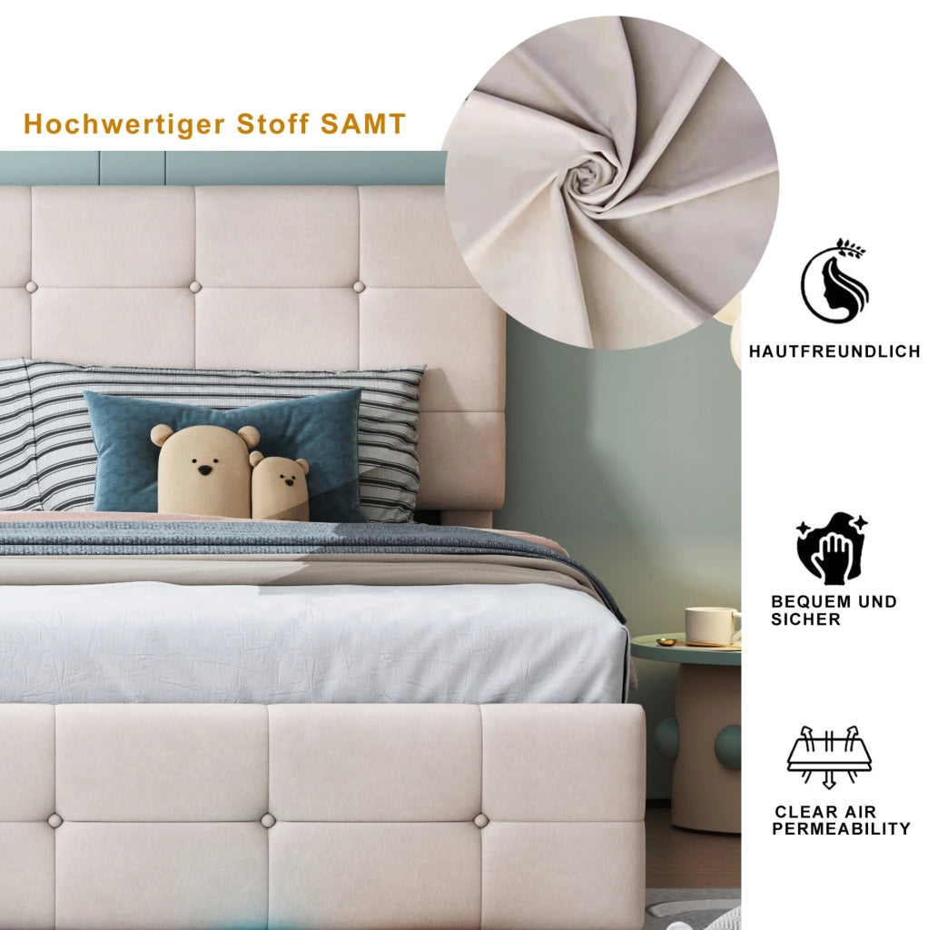 Letto imbottito 180x200 cm con contenitore idraulico divisibile in 2 letti 90x200; beige