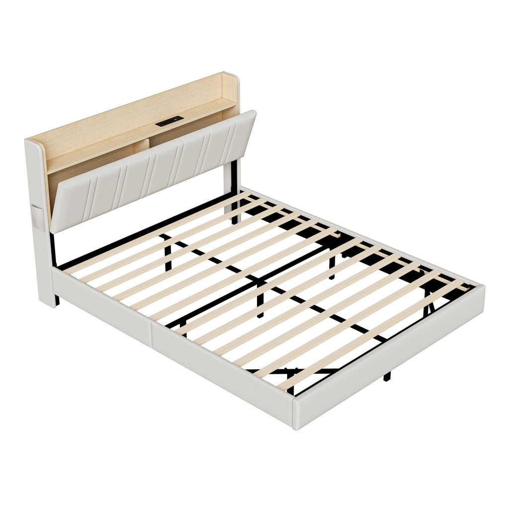 Letto matrimoniale 140x190 cm in pelle PU bianca, testiera con vano portaoggetti, stazione di ricarica, luci RGB a LED, struttura robusta portata 350kg