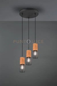 TOSH SOSPENSIONE 3 CILINDRI GABBIA METALLO NERO OPACO E LEGNO D. 28CM ATTACCO E27