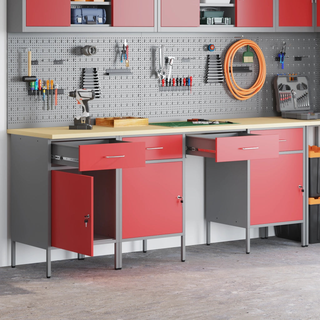 Set da Tavolo e Armadietto da Lavoro in 4 Pezzi Rosso in Legno Ingegnerizzato e Acciaio