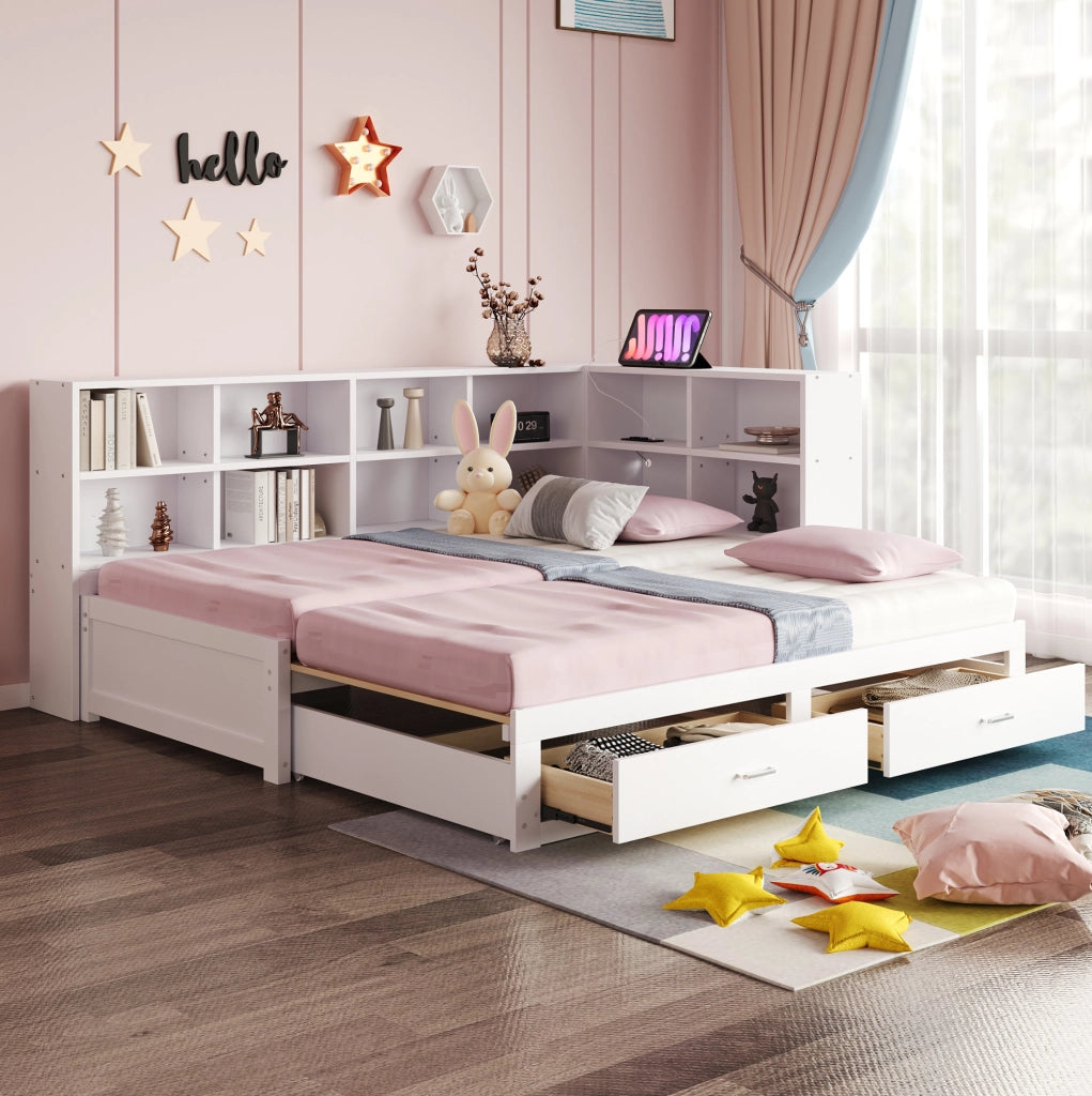 Letto multifunzionale estraibile 90/180x190 cm con contenitore; prese multifunzione; bianco