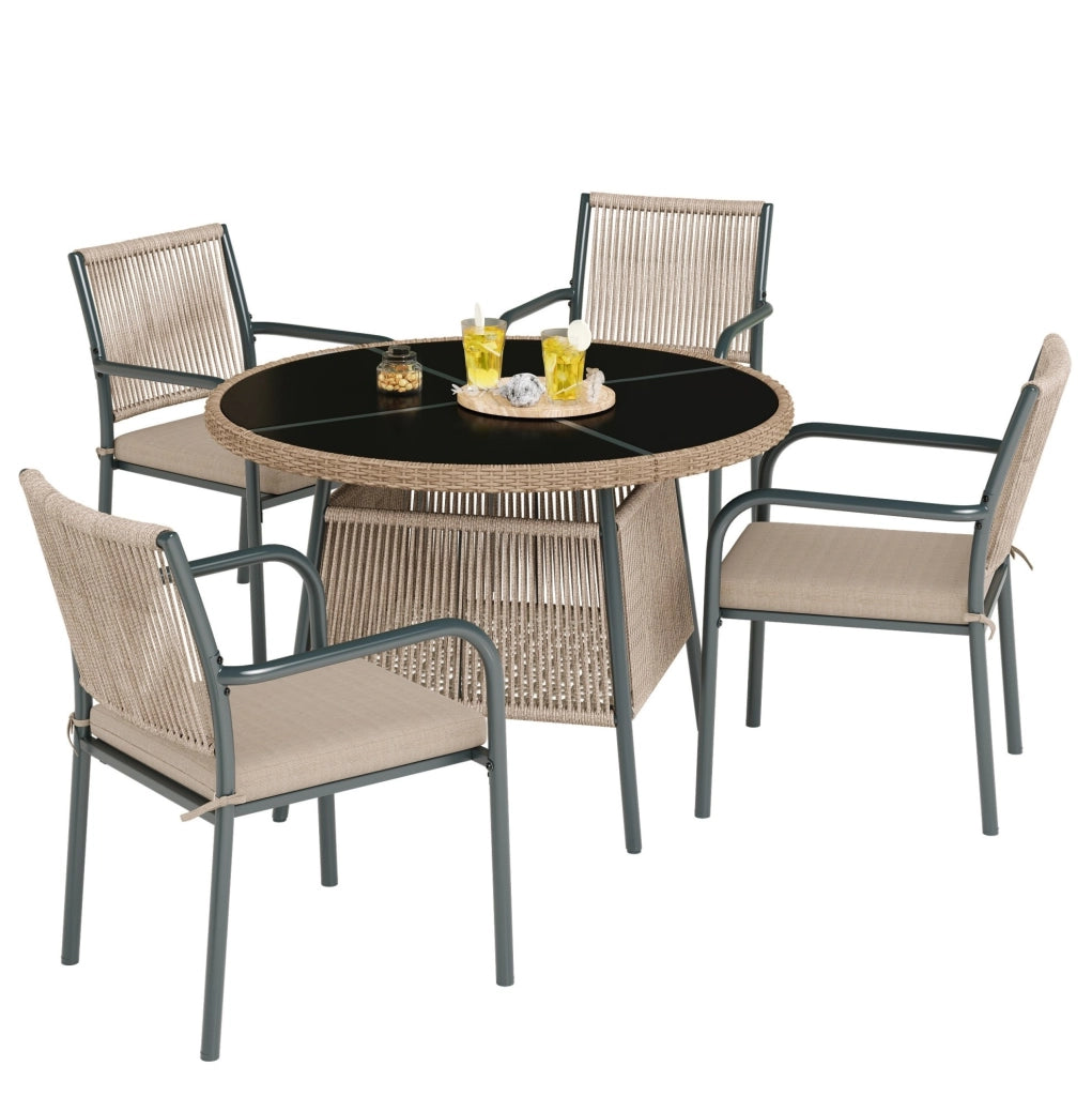 Set da giardino da pranzo 5 pezzi per 4 persone con tavolo in vetro temperato e cuscini; grigio e naturale