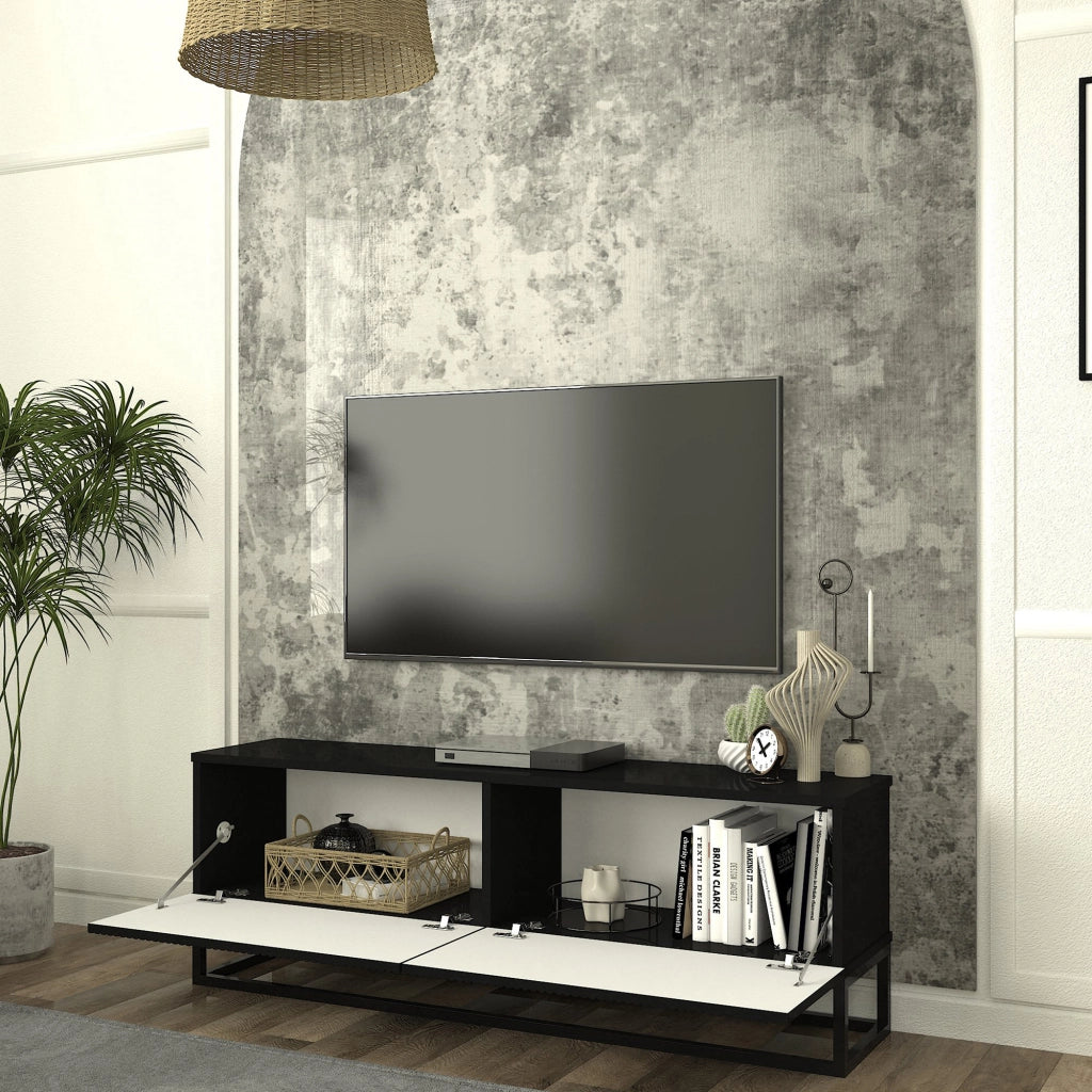 Mobile Porta TV Verpsboga a 2 Ante Decorative e Telaio Lungo in Metallo 135x32x47 cm - Nero [en.casa]