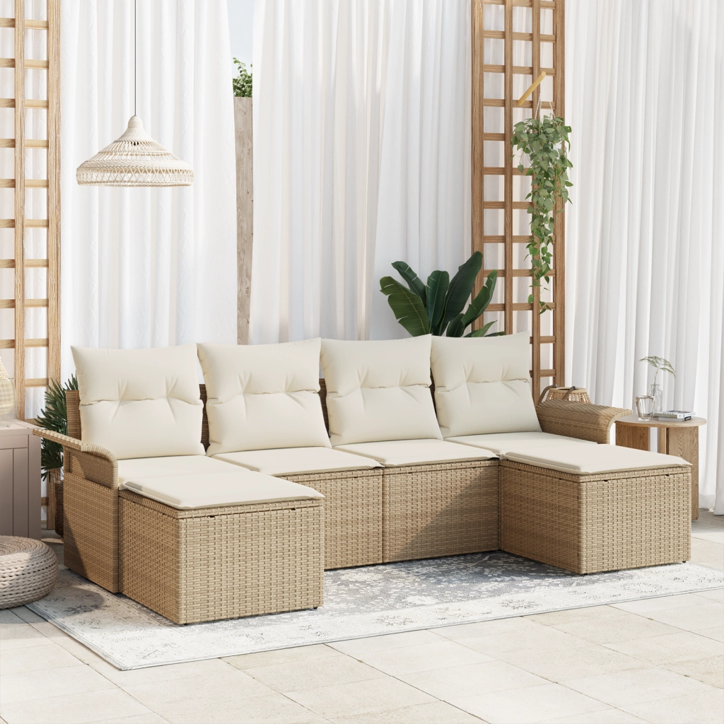 Set divani giardino 6 pezzi con cuscini beige in polyrattan