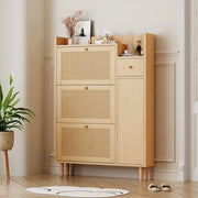 Armadio portascarpe salvaspazio in MDF con ante a ribalta, 1 cassetto e piedini in legno, colore naturale, 90 x 125 x 17 cm