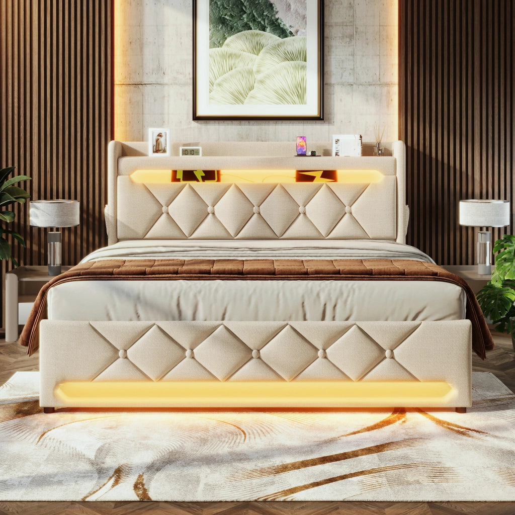 OKWISH Letto Contenitore 160×200 cm, Letto Matrimoniale con USB, Tipo C, LED 360 e Mensole, senza Materasso, in Lino, Beige