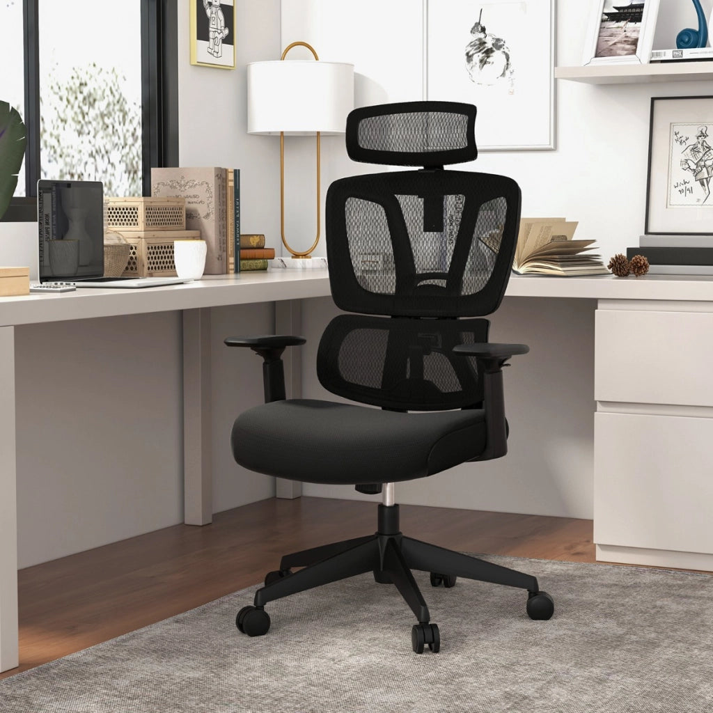 Sedia da ufficio ergonomica con supporto lombare a forma di N, Sedia da scrivania regolabile e inclinabile Nero-Sedie da ufficio