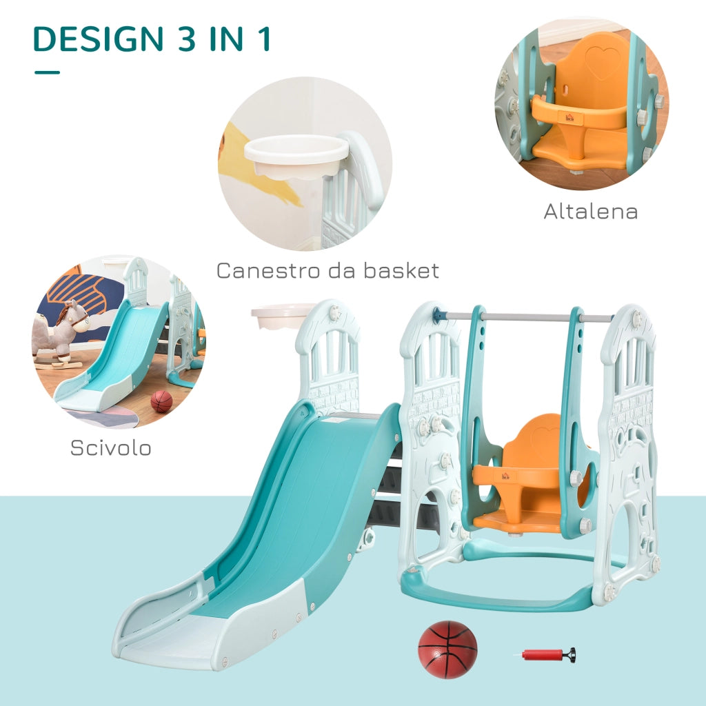 EasyComfort Scivolo 3 in 1 per Bambini con Altalena Regolabile, Canestro e Palle per Cameretta e Giardino, 149x186x98cm, Blu e Arancione