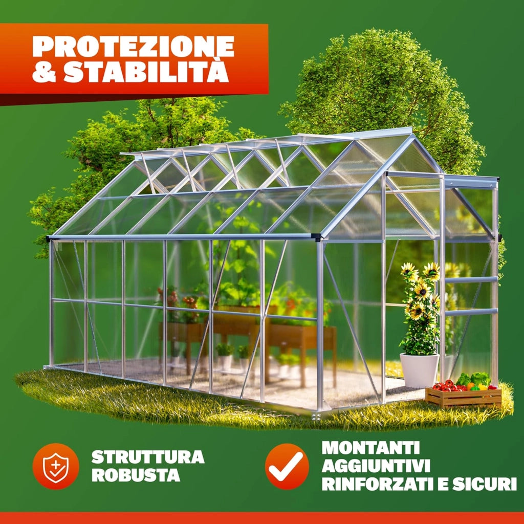 ® Serra da Giardino in Alluminio 7,2m² 380x190cm incl. 4 Lucernari Coltivazione Orto per Piante Giardinaggio 11,73m³