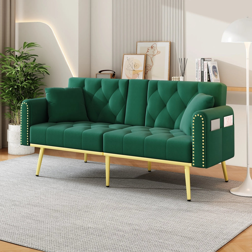 Divano letto 175x80x73，5 cm in velluto verde con portabicchiere