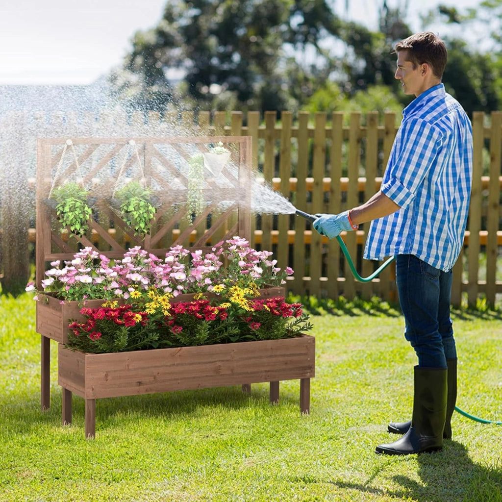 Fioriera da Giardino a 2 Livelli con Traliccio, Letto Rialzatto con Gambe in Legno, Foro di Drenaggio, Fioriera da Interno ed Esterno per Frutta, Verdura, Fiori ed Erbe Rampicanti (Marrone)