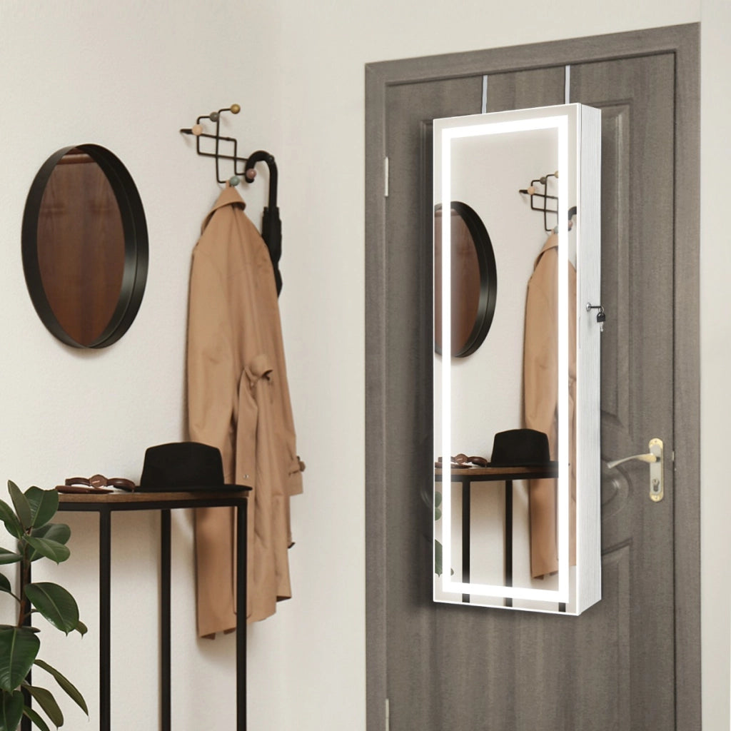 Armadietto portagioie con specchio a LED da 120cm, Appendibile alla porta o da parete con specchio interno Bianco-Armadietti per gioielli