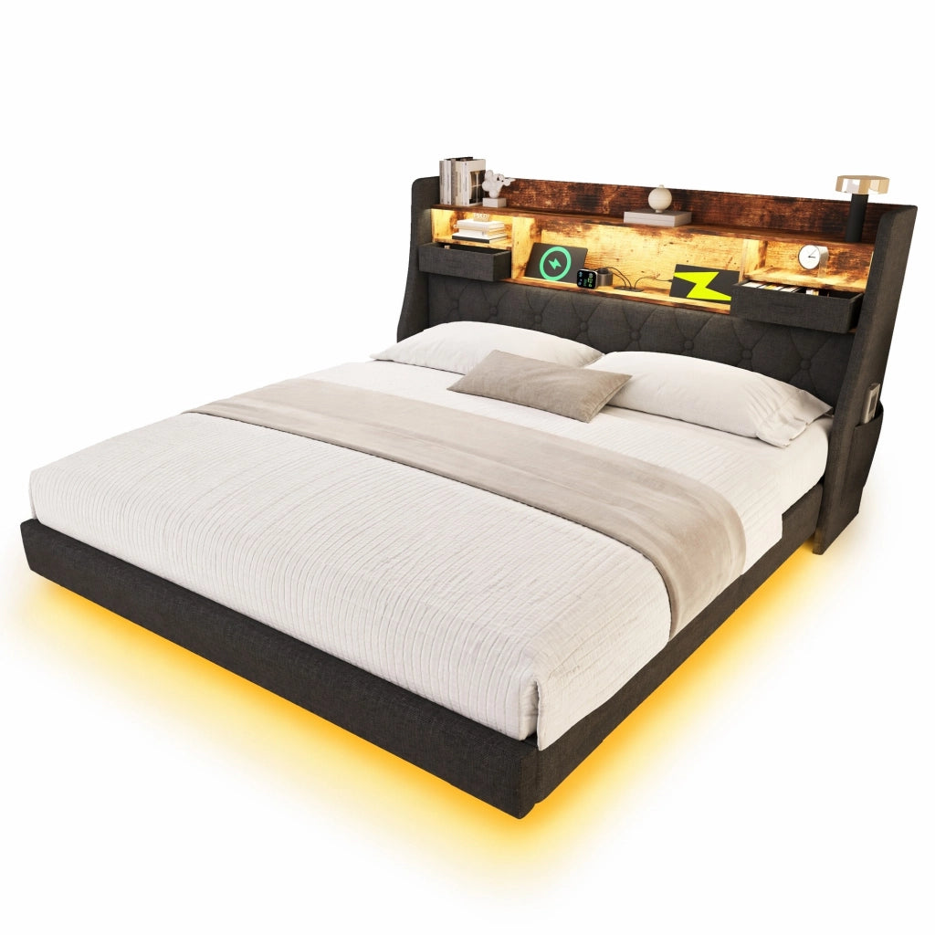 Letto imbottito 140x200 cm con LED, testiera contenitore, porte USB e materasso, grigio