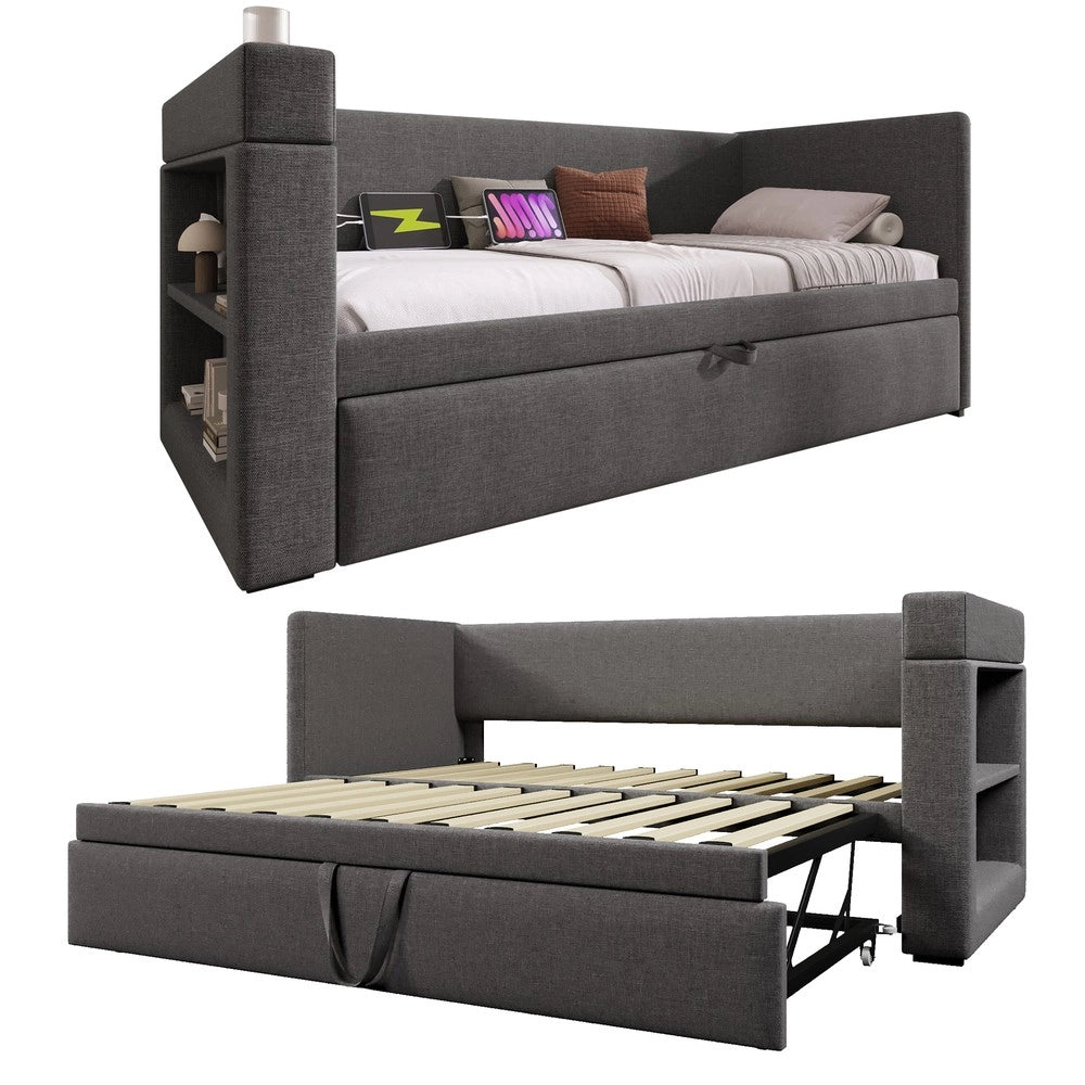 Letto Singolo Imbottito con Estraibile ¨C MINIMAL ¨C Tessuto Grigio 90x190