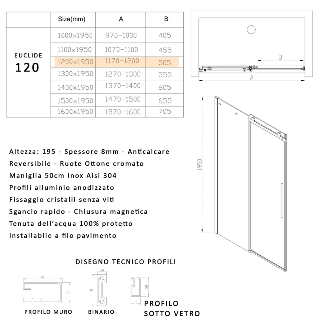 Porta Parete Doccia 130 cm 1 Anta Scorrevole in Cristallo Trasparente 8mm H195 Bonussi Selina