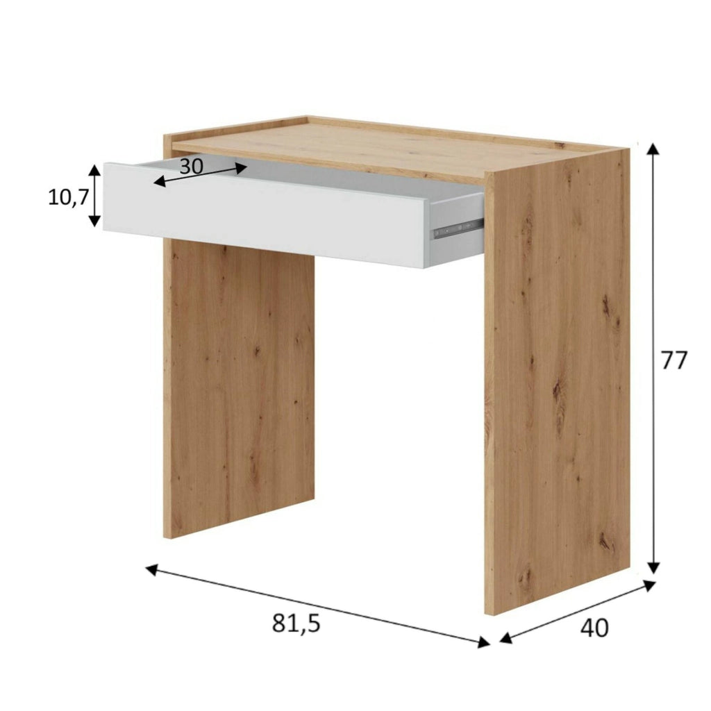 Scrivania Akaba, Scrittoio lineare con cassetto, Tavolo da studio o ufficio porta PC, cm 82x40h77, Rovere nodi e Bianco