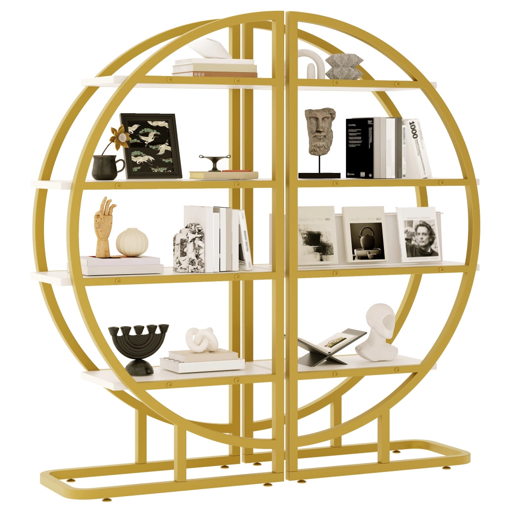 Libreria ad arco 120×30×130 cm, 2 pezzi, struttura in metallo oro con ripiani MDF bianchi, scaffale modulare
