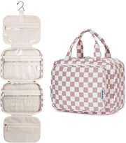 Borse da toeletta per donne, borse da toeletta appese, borse da toeletta, grande borsa cosmetica, grandi borse da toeletta, organizzatore cosmetico per donne e ragazze (reticolo stoffa rosa)