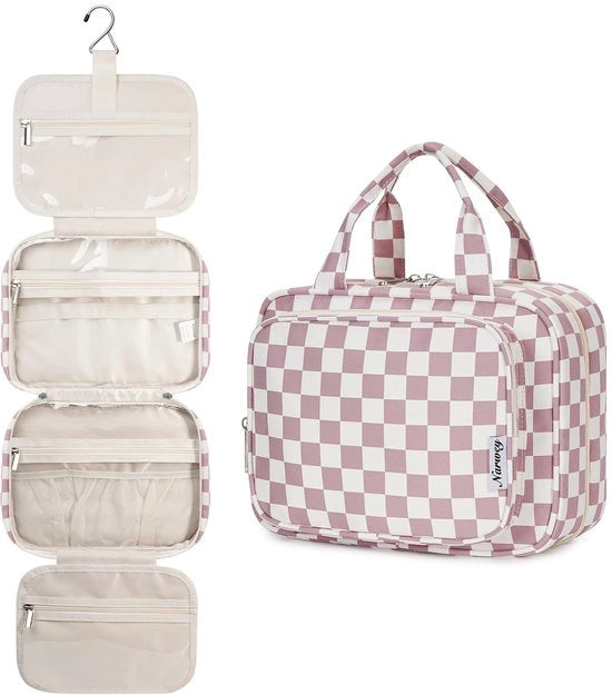 Borse da toeletta per donne, borse da toeletta appese, borse da toeletta, grande borsa cosmetica, grandi borse da toeletta, organizzatore cosmetico per donne e ragazze (reticolo stoffa rosa)