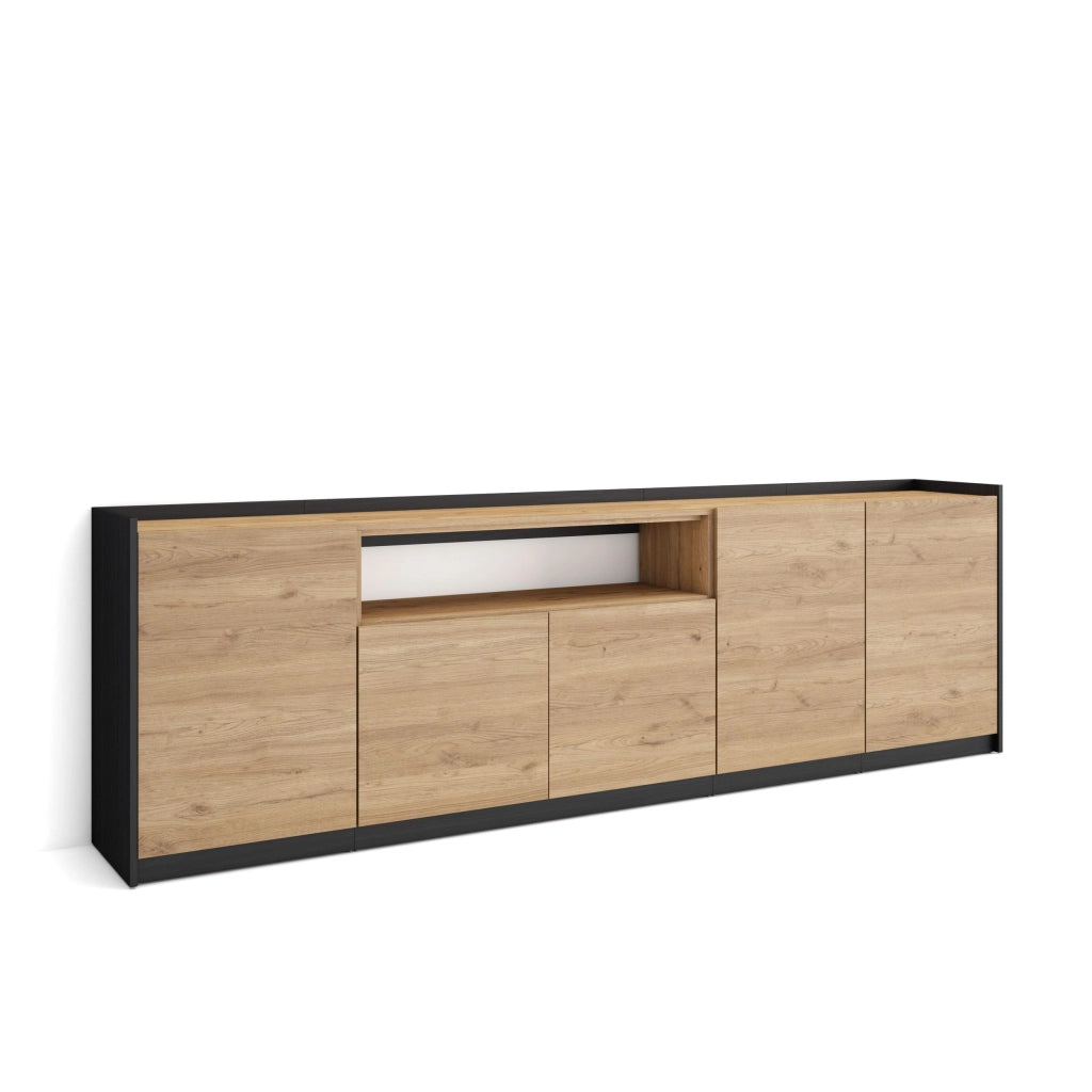 Credenza, Mobile, Cucina, 260x80x37 cm, 5 Porte, grande stoccaggio, Rovere e nero
