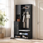 Mobile ingresso multifunzione con panca; 4 ganci; cassetti e pannello forato; 100x180x35 cm; nero