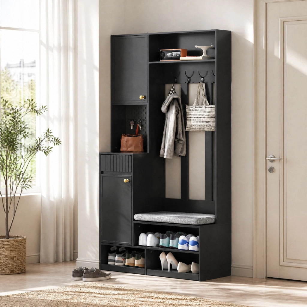 Mobile ingresso multifunzione con panca; 4 ganci; cassetti e pannello forato; 100x180x35 cm; nero