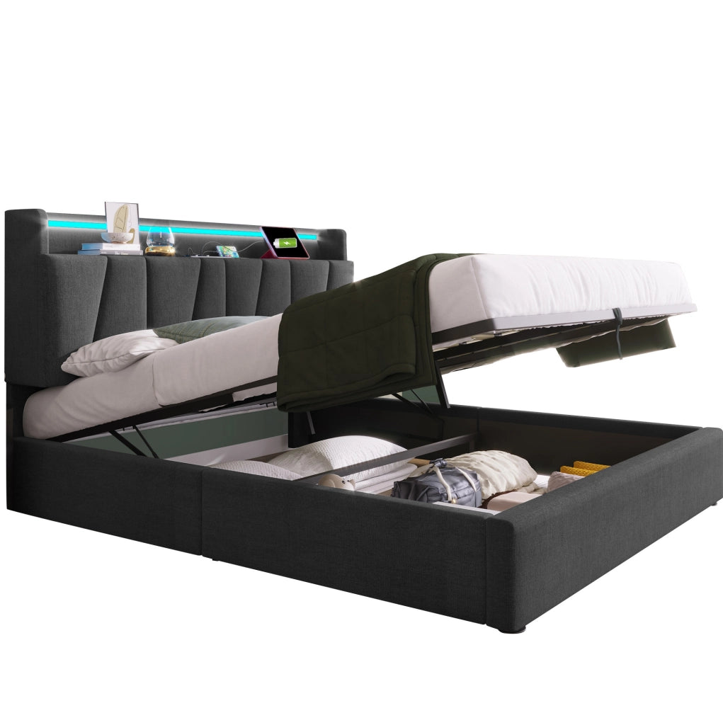 Letto matrimoniale 160x200 cm con LED, USB e contenitore