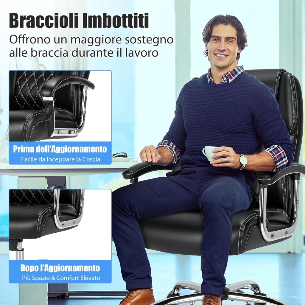 Sedia Ufficio in Pelle, Poltrona Scrivania Regolabile in Altezza, Sedia da Lavoro Girevole con Braccioli Imbottiti, con Base in Metallo, Schienale Oscillante, Portata 227 kg