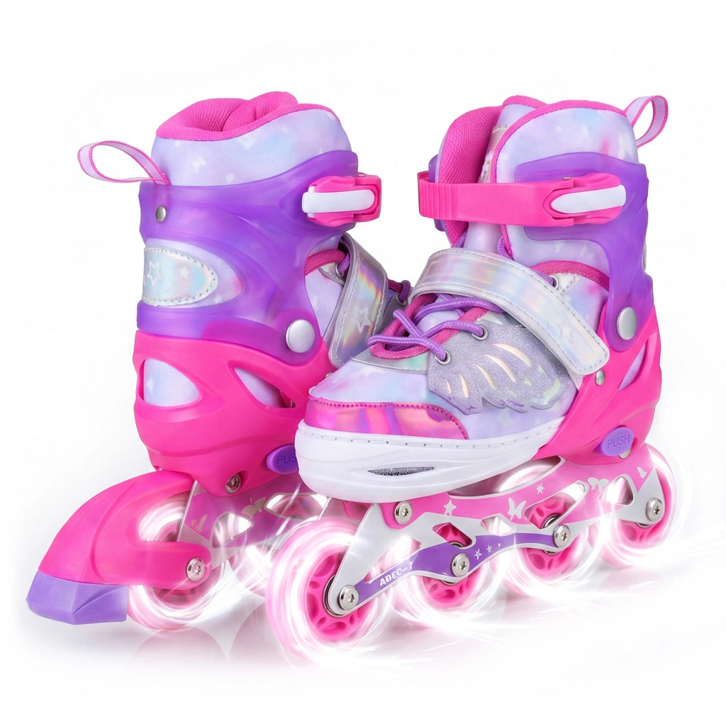 Pattini in linea per bambini con ruote luminose, Pattino a rotella per principiante misura regolabile professionale sport Rosa M