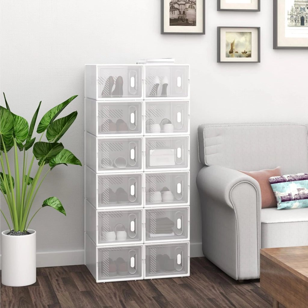 Set di 12 Scatole per Scarpe Contenitore Portascarpe Scarpiera Organizzatore Portaoggetti Impilabile Salvaspazio Coperchio Magnetico Plastica Trasparente Bianco 35x25x19cm