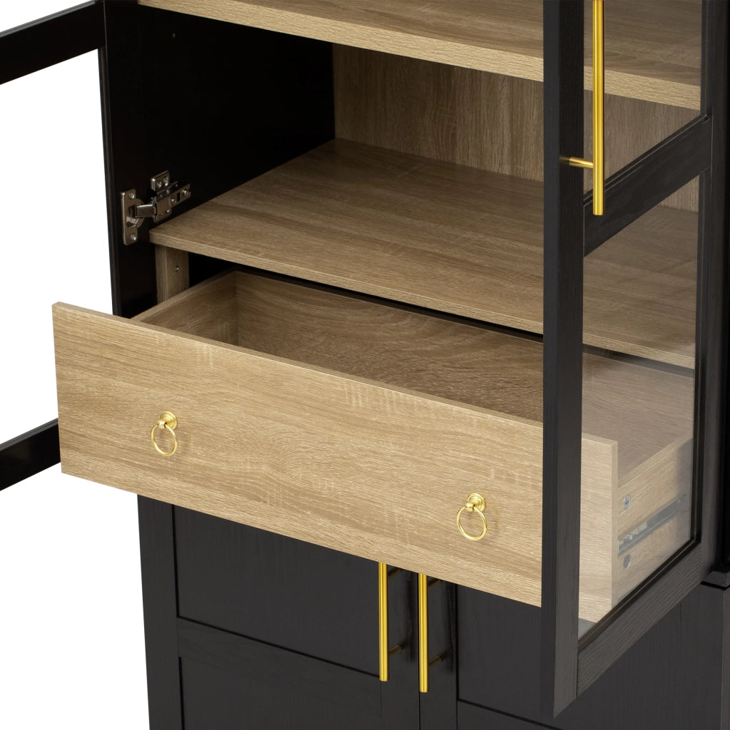 Credenza Alta Nera 180 cm con Ante in Vetro Cannelé; Ripiani Regolabili e Cassetto Portaoggetti per Cucina