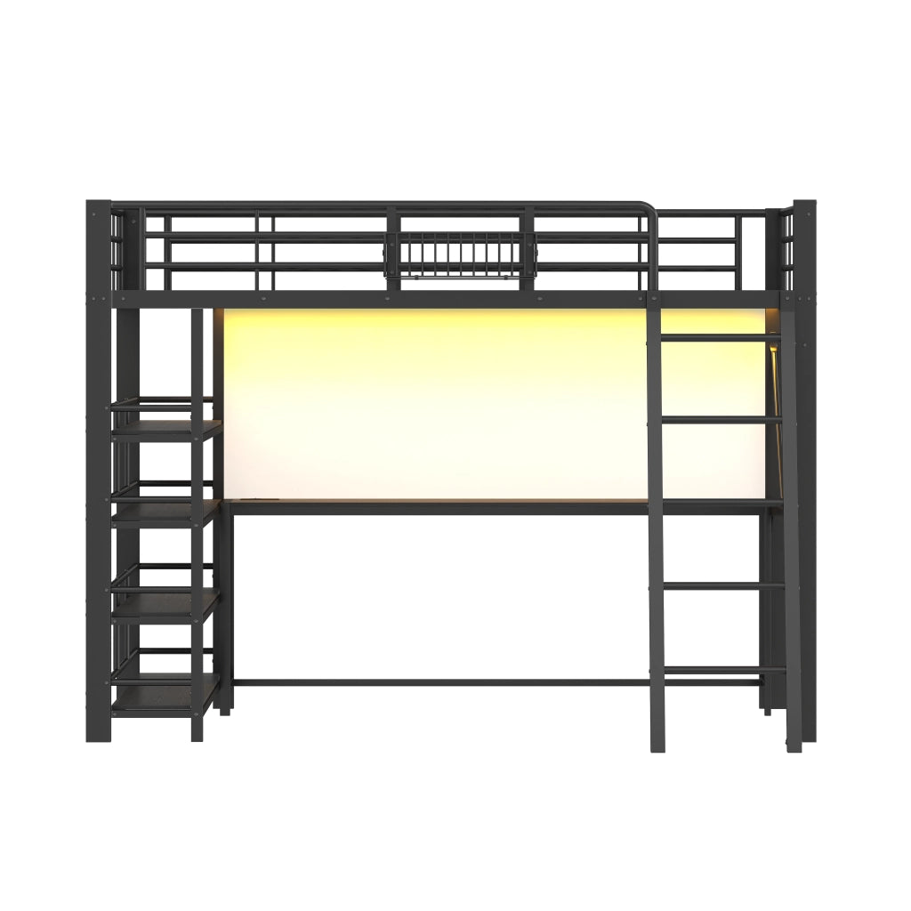 Letto a soppalco 140 × 200 cm con scrivania, ripiani, cesto portaoggetti, USB et LED, senza materasso, nero