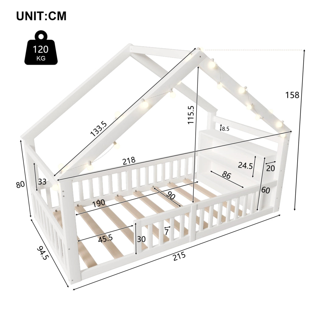 Letto per bambini a casetta 90x190 cm con sponde; ripiani laterali e perline LED; bianco