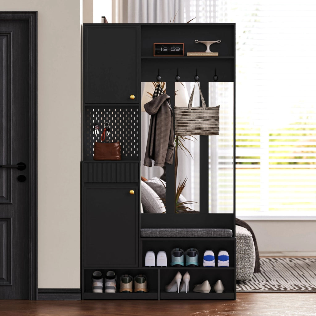 Mobile ingresso con panca 100x35x180 cm; 4 ganci e cassetti in MDF nero