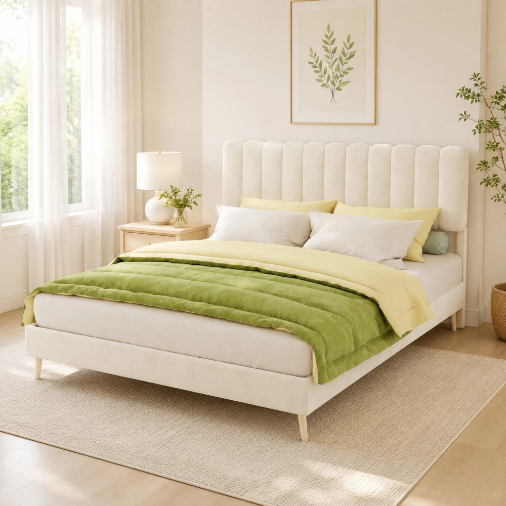 Letto matrimoniale imbottito 160x200 cm in tessuto effetto velluto; beige