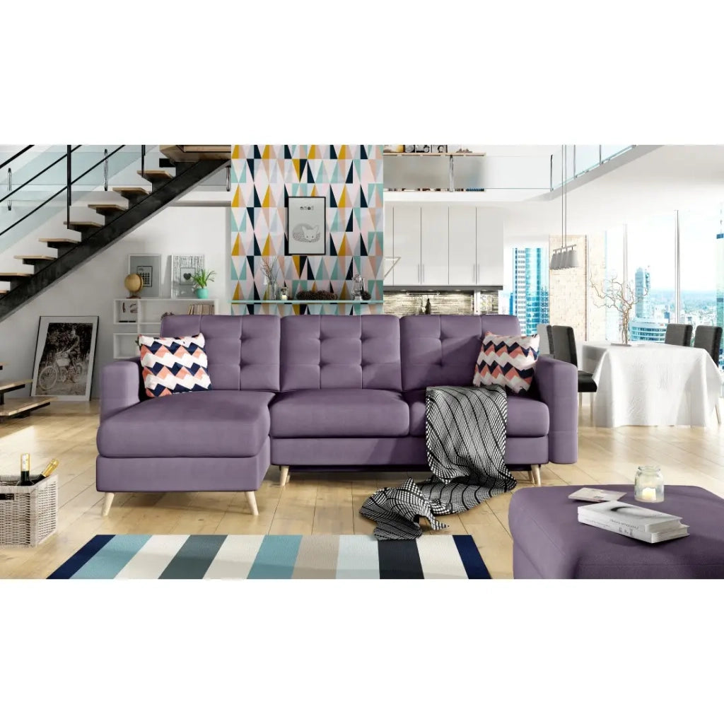 Divano ad angolo convertibile HASGARD 3 posti viola 248x162 cm – con contenitore e piedi in legno