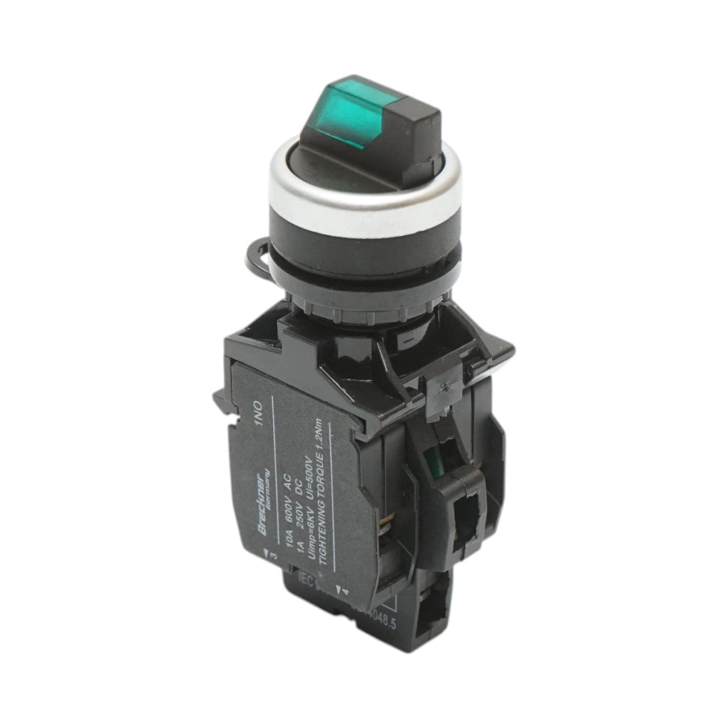 Selettore luminoso 220V AC LED verde a 3 posizioni 2NO, 10A/600V AC, 1A/250V DC LA42 Breckner Germany